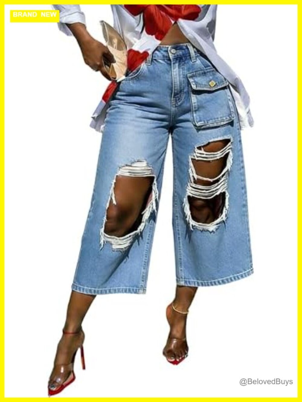 High Waisted Ripped Cargo Capri Jeans Y2K Baggy Cropped Wide Leg Distressed